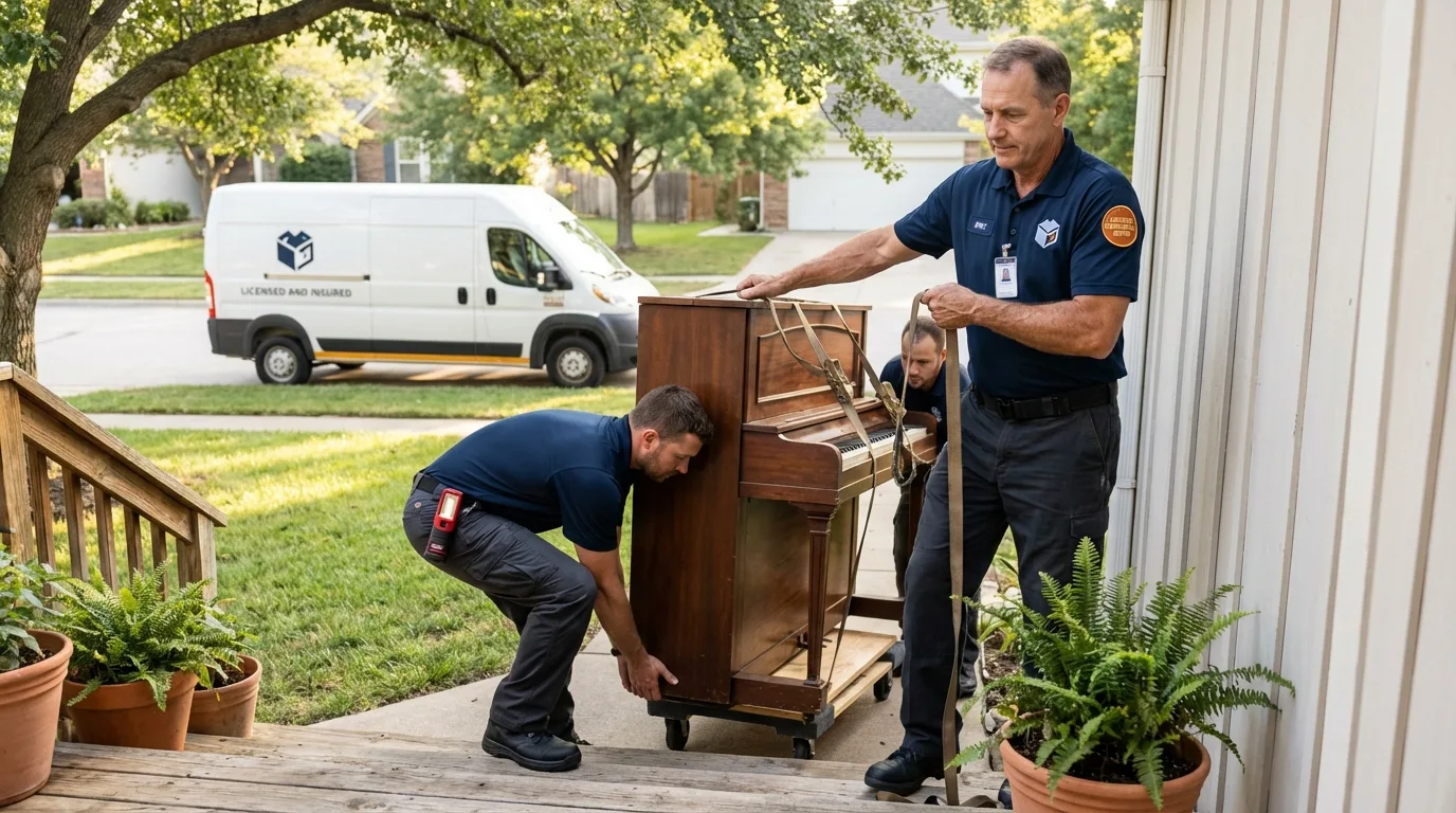 Licensed piano movers securing grand piano in Chappell, NE
